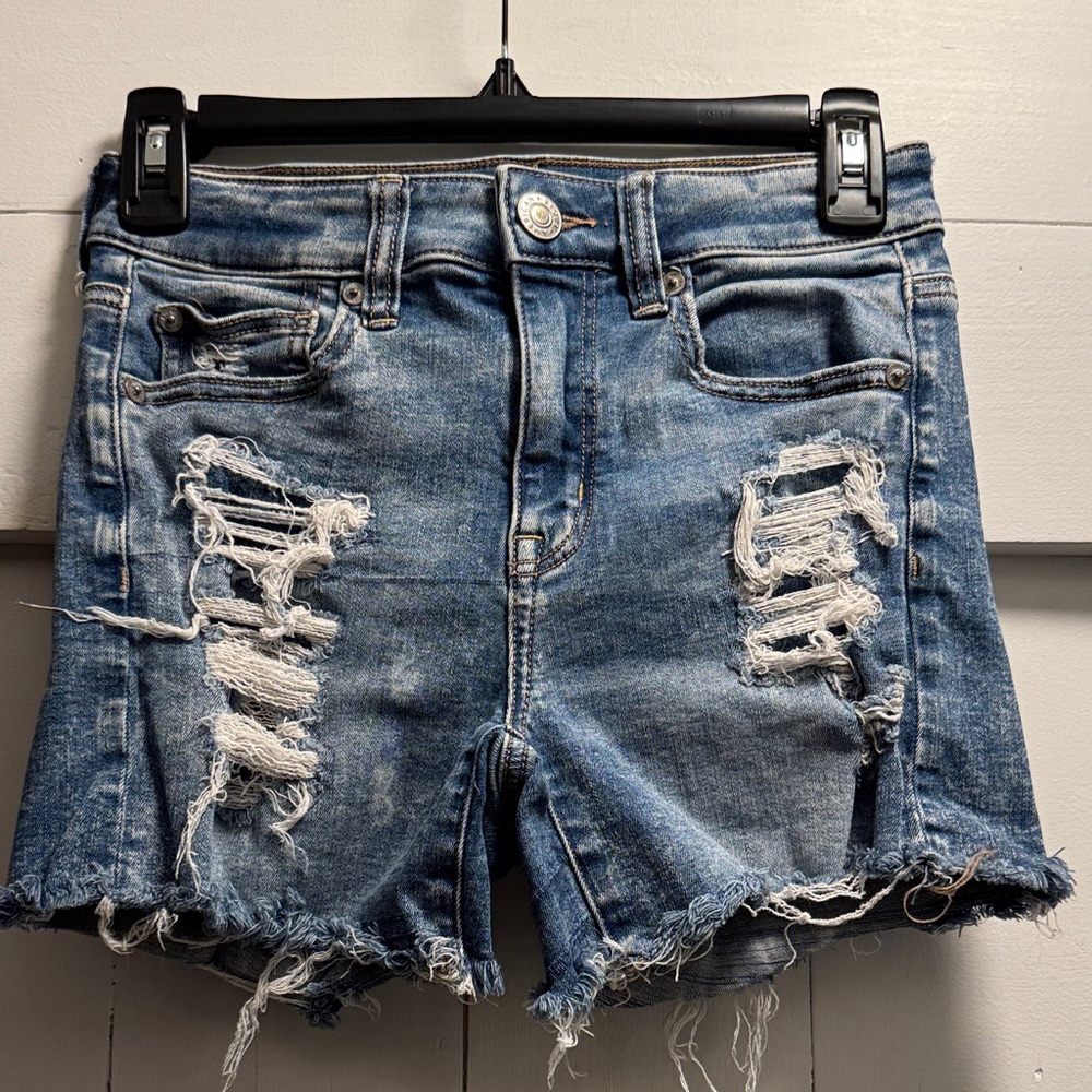 American Eagle High Rise Shortie Blue Distressed Jean Shorts Denim Size 2